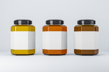 Poster - Empty label honey jars on light background. Product packaging, sales and marketing concept. Mock up, 3D Rendering.