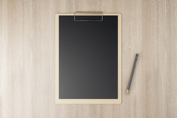 Poster - Top view and close up of blank black clipboards on wooden background, Stationery and mock up supplies concept. 3D Rendering.