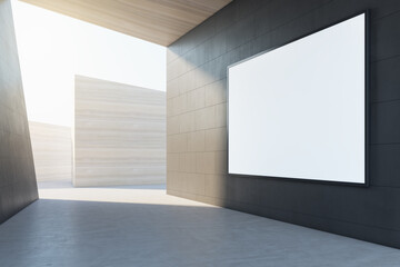 Aufkleber - Abstract concrete tile space interior background with empty white mock up frame and sunlght. Design and abstraction concept. 3D Rendering.