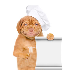 Poster - Happy mastiff puppy wearing chef's hat shows empty list. isolated on white background