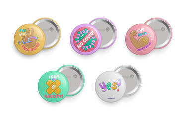 Set of pin buttons for people who have been vaccinated. Immunization campaign, coronavirus control round metallic glossy 3d pin badges realistic vector illustration isolated on white