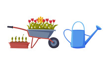 Watering Can And Wheelbarrow With Flowers As Garden Tools Vector Set