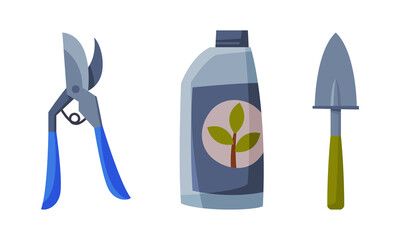 Sticker - Pruner, Trowel and Fertilizer in Bottle as Garden Tools Vector Set