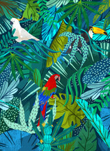 Tropical Exotic Background, Wallpaper, Cover With Green Tropical Plants, Palm Trees, Monstera And Cockatoo Parrots, Macaw And Toucan For Poster, Cover Or Wallpaper. Hand Drawn Illustration.