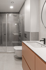 Wall Mural - Modern minimalist bathroom interior design with grey stone tiles and terracotta furniture