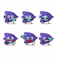 Wall Mural - Photographer profession emoticon with fish purple gummy candy cartoon character