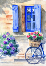 Watercolor Illustration Of A House Wall With A Window With Blue Wooden Shutters, Flowers In A Flower Bed And A Blue Bike With A Basket Of Flowers