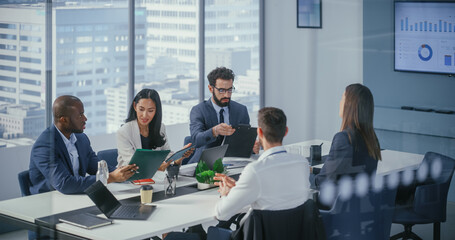 Poster - Modern Multi-Ethnic Office Conference Room Meeting: Diverse Team of Ambitious Top Managers, Executives Talk, Brainstorm, Use Tablet. Businesspeople Discuss Investment Strategy in e-Commerce Startup