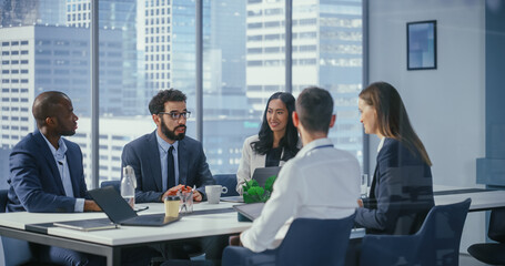 Poster - Modern Multi-Ethnic Office Conference Room Meeting: Diverse Team of Managers, Executives Talk, Brainstorm, Use Computers. Businesspeople Discuss Investment Strategy in e-Commerce Startup.