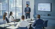 © Gorodenkoff - Office Conference Room Meeting: Digital Enterpreneur Presents e-Commerce Investment Strategy for Group of Investors. Wall TV Showing Big Data Analysis, Infographics, Stock Market Information, Trends