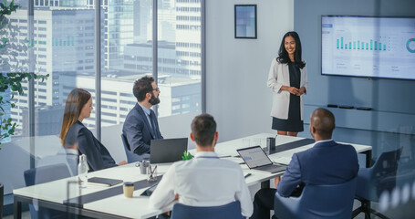 Poster - Diverse Office Conference Room Meeting: Asian Female Project Manager Presents Digital Business Expansion Strategy for Investment Team, Uses Wall TV with Big Data Analysis, e-Commerce Infographics.