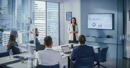 Leinwandbilder - Diverse Office Conference Room Meeting: Asian Female Project Manager Presents Digital Business Expansion Strategy for Investment Team, Uses Wall TV with Big Data Analysis, e-Commerce Infographics