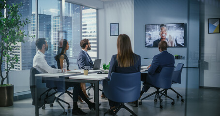 Poster - Video Conference Call in Office Meeting Room: Black Female Executive Talks with Group of Multi-Ethnic Digital Entrepreneurs, Managers, Investors. Businesspeople Discuss e-Commerce Investment Strategy