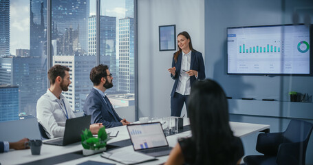 Poster - Diverse Office Conference Room Meeting: Successful Female Executive Director Presents e-Commerce Fintech Growth Statistics to a Group of Investors. Wall TV with Big Data Analysis, Infographics