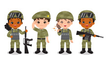 Group Of Cute Soldier Officer In Camouflage Uniform. Flat Vector Cartoon Design