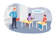 Talking during lessons 2D vector isolated illustration. Chattering students and angry teacher flat characters on cartoon background. Teacher frustration reason. Classroom distraction colourful scene
