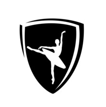 Beautiful Ballerina Girl Wearing Tutu Dress In Simple Heraldic Shield  - Black And White Vector Silhouette Of Classical Ballet Studio Emblem