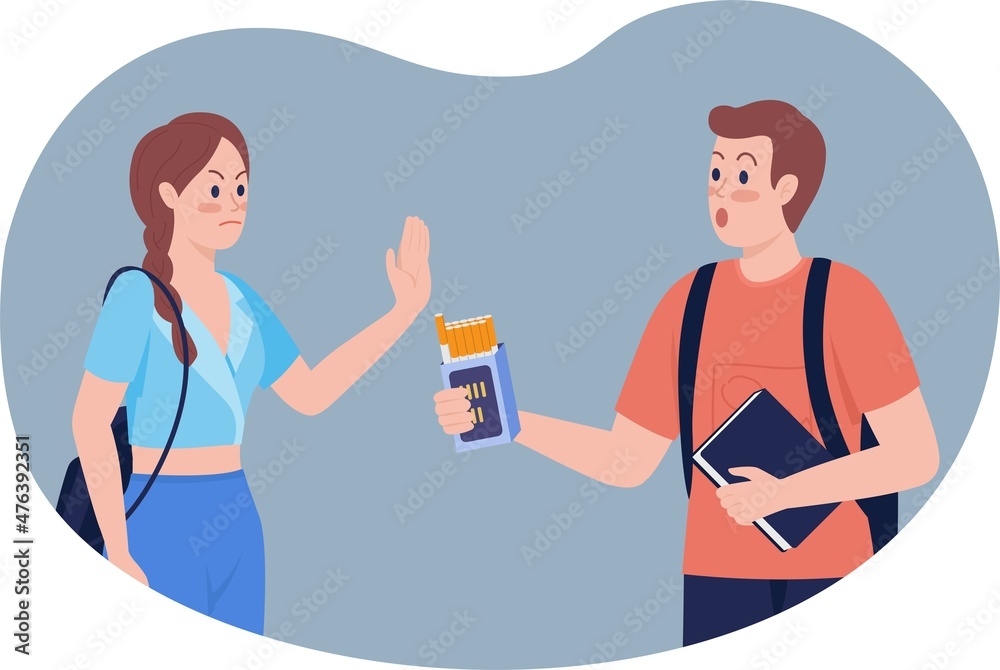 Combating peer pressure 2D vector isolated illustration. Teen smoking  prevention. Schoolgirl refuses cigarettes from friend flat characters on  cartoon background. Smoking refusal skill colourful scene Stock-vektor