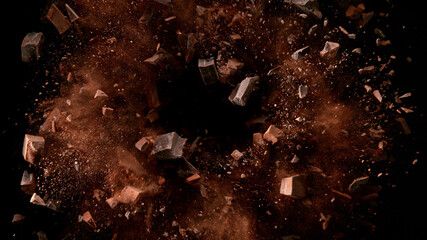Poster - Freeze motion of flying group of raw chocolate pieces.