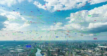 Poster - Smart City Aerial Drone Footage Hologram Information Arches Forming During Network Communication Futuristic Network and Technology 5G Drone Low Light 4k. Video loop, time lapse