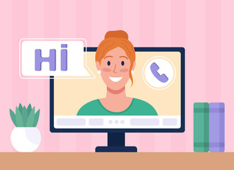 Fototapete - Chatting with female friend online flat color vector illustration. Using video calling service. Virtual friendship. Smiling red haired lady 2D cartoon character with computer monitor on background