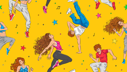 Seamless pattern with happy young dancing men and women. Vector illustration