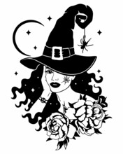 Silhouette Of Beautiful Curly Witch Girl In Pointed Hat With Flowers, Crescent Moon And Stars Isolated Hand Drawn Vector Illustration