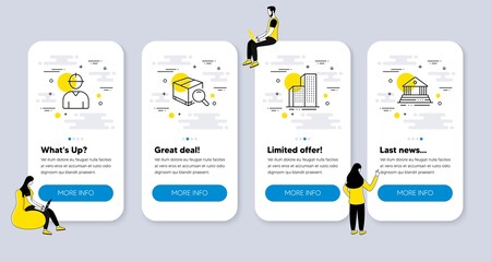 Poster - Vector Set of Industrial icons related to Skyscraper buildings, Search package and Engineer icons. UI phone app screens with people. Court building line symbols. Vector
