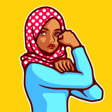 Vector Illustration Woman Wearing Hijab In Classic Rosie The Riveter Pose. - Vector
