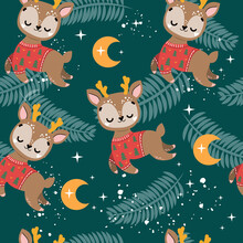 Christmas Seamless Pattern With Reindeer In Vintage Style For Children. Vector Illustration