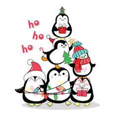 Christmas and new year card of a tree made of penguins. Vector cartoon illustration