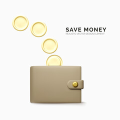 Wall Mural - Realistic cartoon style wallet and gold coin. Cashback or quick loan concept design element