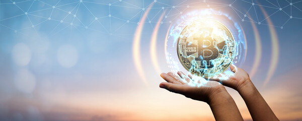 Digital bitcoin and crypto currency network, Blockchain and NFT technology trade and exchange financial innovation futuristic, hand of people holding coins of modern cryptocurrency metaverse finance