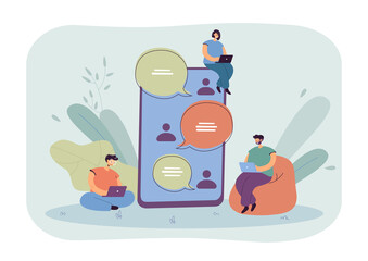 Poster - Chat conversation on mobile phone screen of tiny people. Group of persons chatting in messenger flat vector illustration. Social media, community concept for banner, website design or landing web page