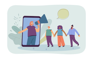 Poster - Tiny people holding hands looking at smartphone with woman and megaphone. Online marketing flat vector illustration. Digital advertising concept for banner, website design or landing web page
