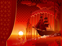 Abstract Background For Fairy Tale Decoration. Fantasy Red Sailboat Is Traveling Imaginary Kingdom. Prints Greeting Card, Poster, Wallpaper, Invitation, Theater Performance. Vector Image For Kids.