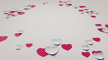 White And Red Polka Dot Valentine Wallpaper With Cut-out Love Hearts. Paper Heart Background With Copy Space. 
