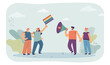 Homosexual couple with rainbow flag and heterosexual family with loudspeaker. Activists claiming rights flat vector illustration. Demonstration concept for banner, website design or landing web page