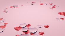 Pink And Red Striped Valentine Wallpaper With Cut-out Love Hearts. Paper Heart Background With Copy Space. 