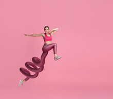 Young Girl, Fitness Coach, Runner Leaping Isolated On Pink Background. Contemporary Art Collage. Illusion. Sport.