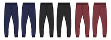 Black, Red, Navy Color Basic Sweat Pant Technical Fashion Flat Sketch Template Front, Back Views. Apparel Fleece Cotton Jogger Pants Vector Illustration Drawing Mock Up For Kids And Boys.