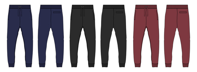 Wall Mural - Black, Red, navy color Basic Sweat pant technical fashion flat sketch template front, back views. Apparel Fleece Cotton jogger pants vector illustration drawing mock up for kids and boys.