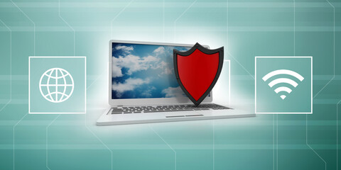 Poster - laptop with shield. Isolated 3d rendering image