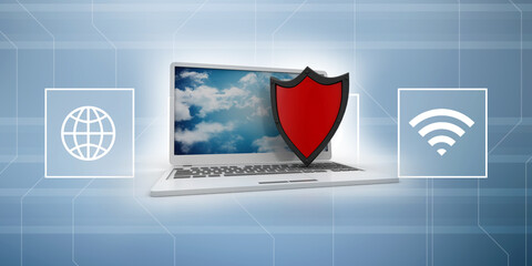 Poster - laptop with shield. Isolated 3d rendering image