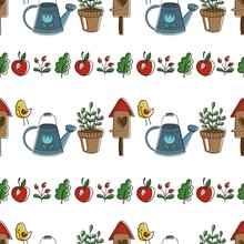 Vector Seamless Gardening Pattern With Birdhouse, Bird, Watering Can And Potted Plant In Cartoon Hand-drawn Style.