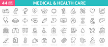 Medecine And Health Line Icon Symbols. Outline Line Web Icon Collection. Pills, Doctor, Intensive Care, COVID 19, Hospital, Ambulance, Virus Icons - Stock Vector.