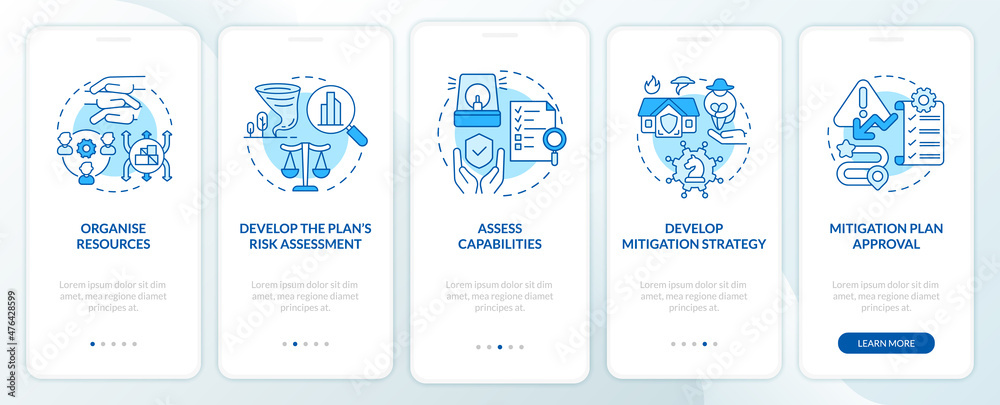 Mitigation Options Interface Hazard mitigation steps blue onboarding mobile app screen. Reduce ...