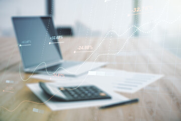 Aufkleber - Multi exposure of abstract statistics data hologram interface on calculator and pc background, computing and analytics concept