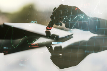 Poster - Abstract creative stats data concept with finger clicks on a digital tablet on background. Multiexposure