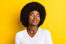 Photo Of Relaxed Afro American Young Joyful Woman Closed Eyes Smile Isolated On Yellow Color Background